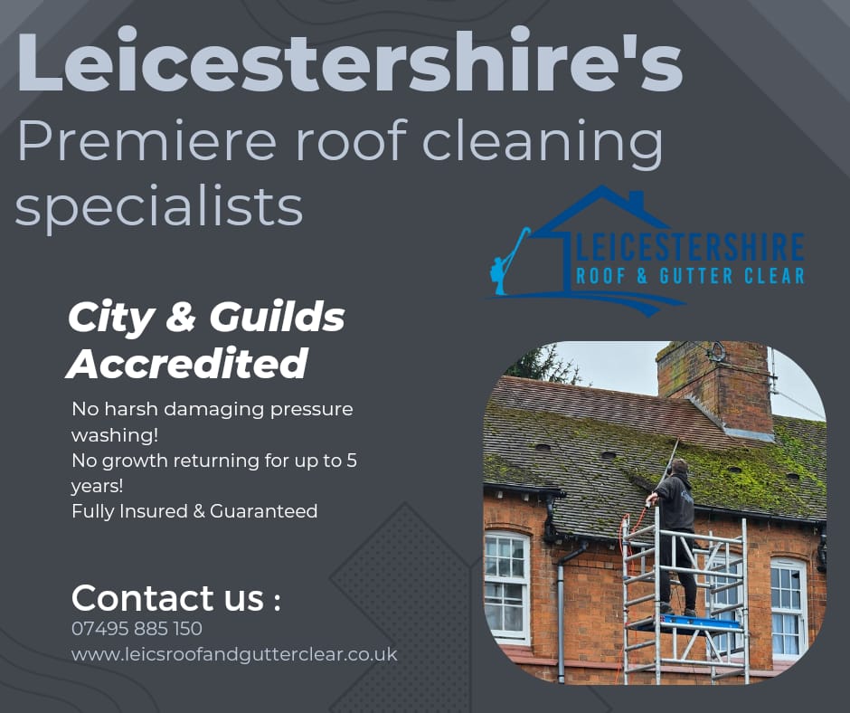 Before and after roof cleaning at a residential property in Leicestershire, showing cleaned roof tiles