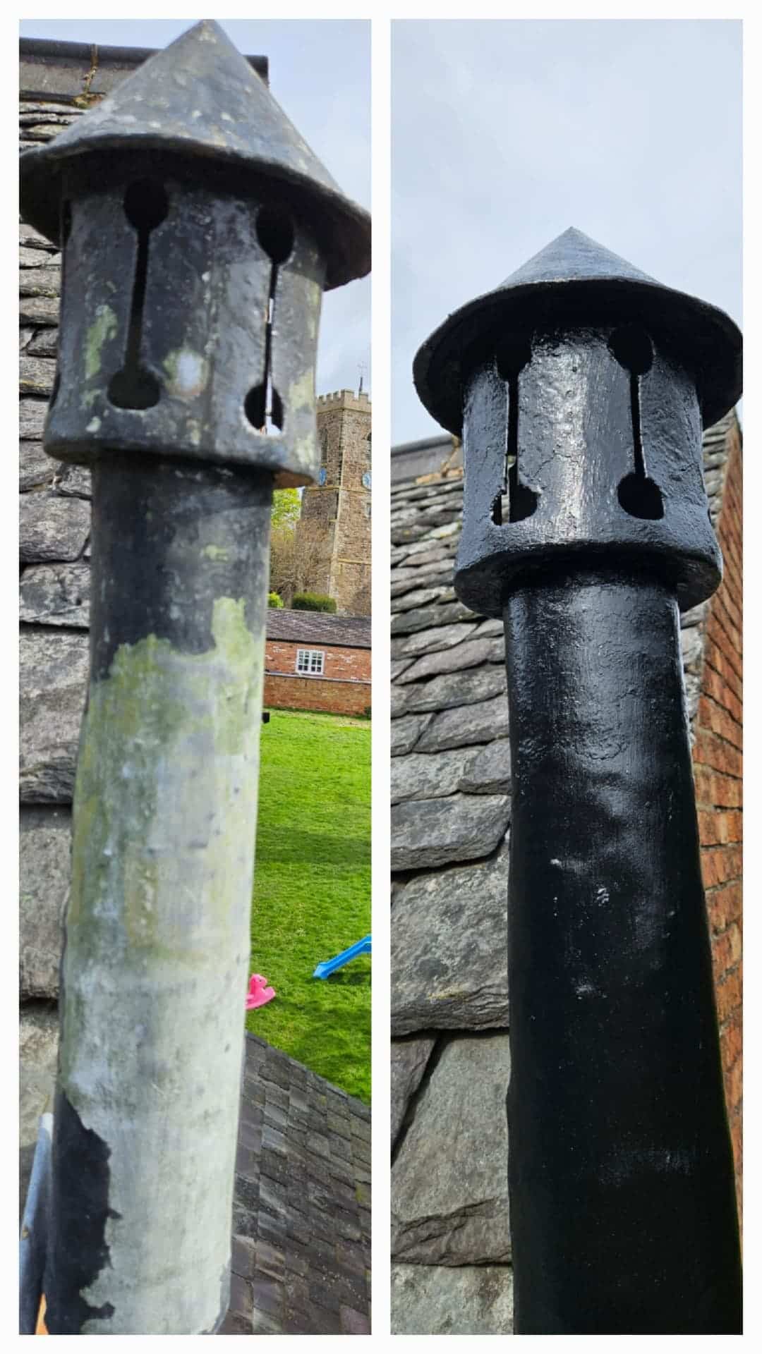 Before and after chimney pot repair and repaint in Leicestershire