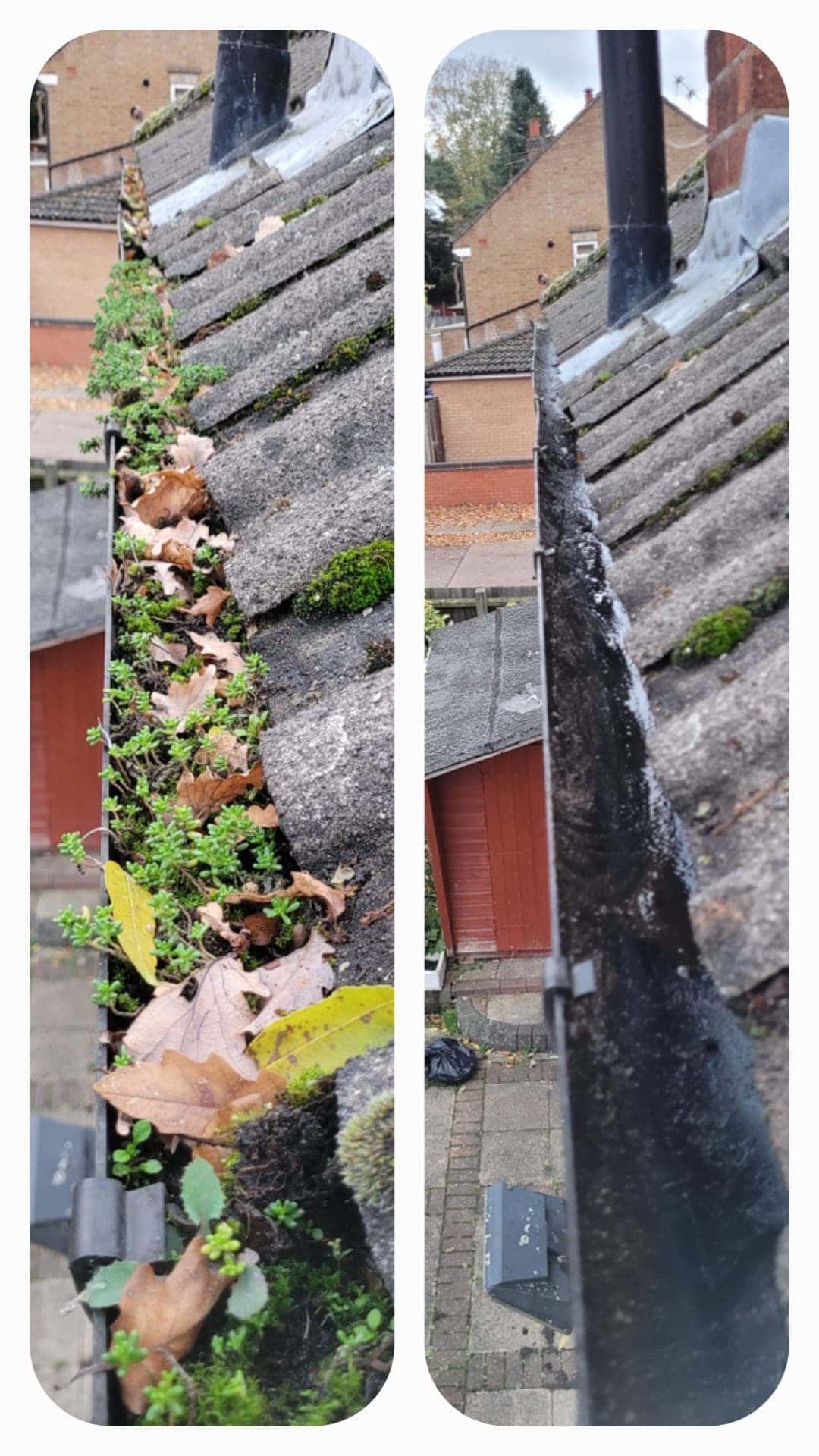 Before and after gutter clearing on a house in Leicestershire