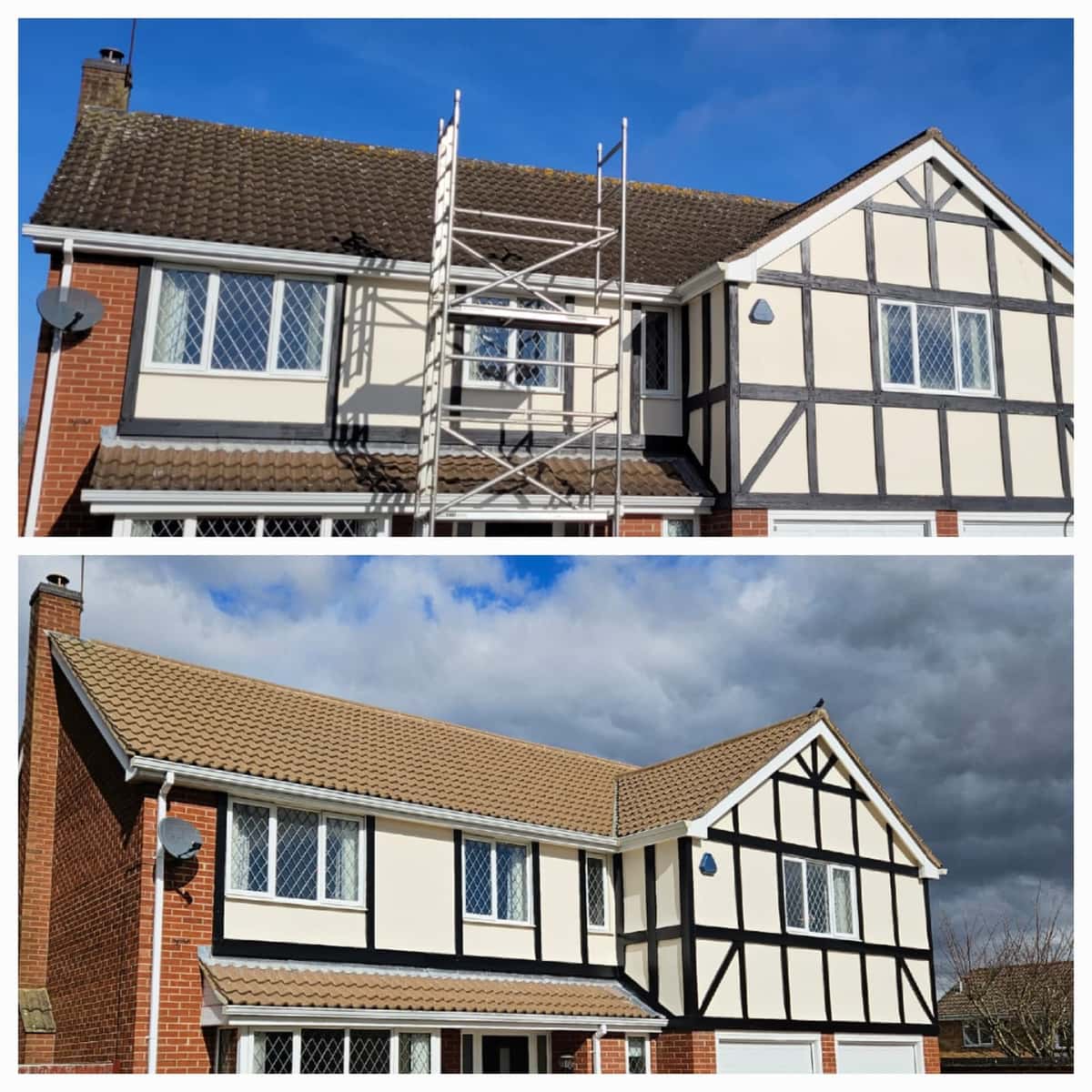 Before and after roof softwash on a detached house in Leicestershire