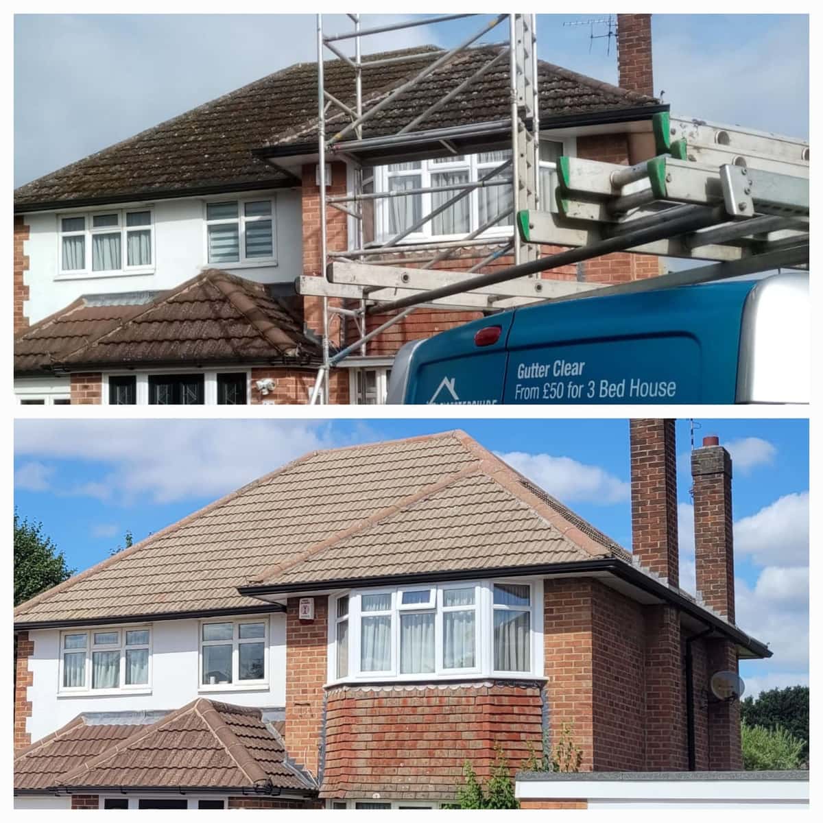 Before and after roof softwash on a Tudor-style house in Leicestershire
